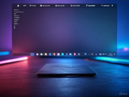 A laptop with a blurred screen is placed on a dark desk illuminated by colorful ambient lighting.
