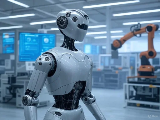 A humanoid robot with a sleek, futuristic design in a high-tech manufacturing or research facility.
