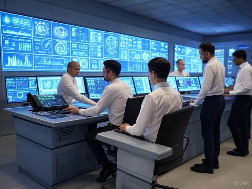 Team of professionals monitoring data analytics on multiple screens in a high-tech control room. Team of professionals monitoring data analytics on multiple screens in a high-tech control room.