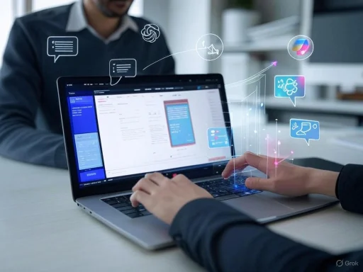 Person working on a laptop with digital communication and social media icons overlayed in a modern workspace. Person working on a laptop with digital communication and social media icons overlayed in a modern workspace.