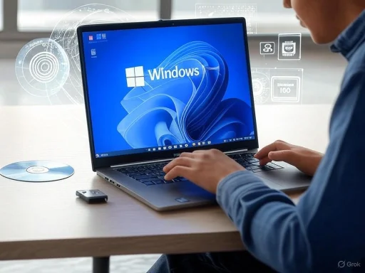 A person using a laptop with Windows OS, accompanied by holographic technology icons and a compact disc on the desk.