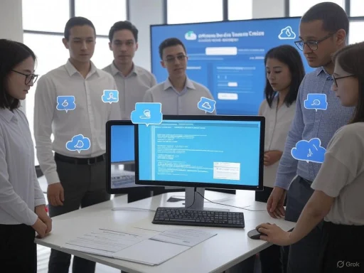 A group of professionals discusses data and cloud technology during a presentation or meeting in a modern office.