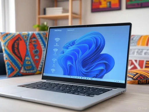 A sleek laptop displaying a Windows desktop, placed on a wooden table with colorful cushions and a bookshelf in the background.