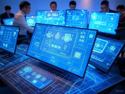 A futuristic control room with holographic screens displaying digital interface designs and technological data.
