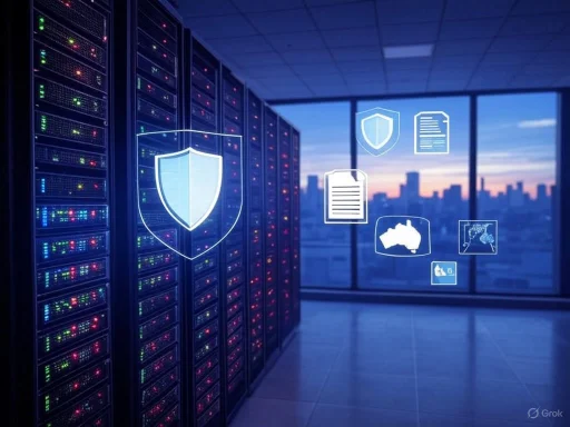 Data center with security icons floating in a modern office overlooking a city skyline.