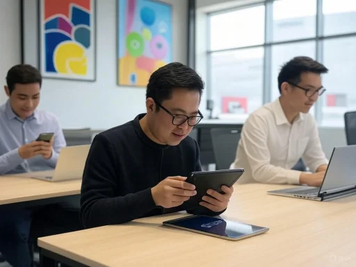 Three men sit at a table in a modern office, using electronic devices with colorful artwork on the wall behind them.