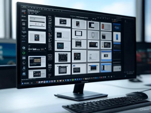 A computer monitor displaying a multi-window interface with various digital images and applications on a desk.