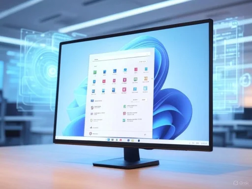 A computer monitor displaying a Windows desktop with various application icons, set in a high-tech environment.