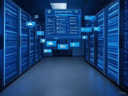 A futuristic data center with glowing blue server racks and holographic interface displays. A futuristic data center with glowing blue server racks and holographic interface displays.
