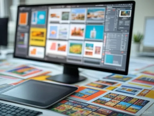 A digital workspace with a monitor displaying a photo editing application and printed photographs scattered on the desk. A digital workspace with a monitor displaying a photo editing application and printed photographs scattered on the desk.