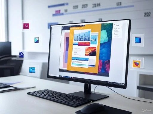 A computer monitor displays colorful design documents and floating app icons in a modern office setting.