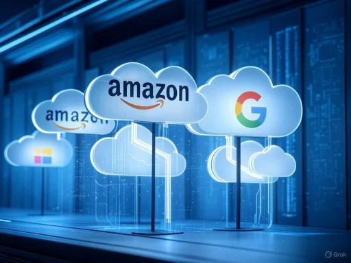 Digital clouds featuring Amazon, Google, and Microsoft logos represent cloud computing services.