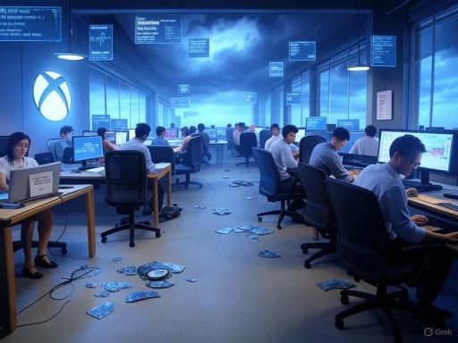 A futuristic office scene with employees working at computers amid scattered debris and monitors hanging from the ceiling. A futuristic office scene with employees working at computers amid scattered debris and monitors hanging from the ceiling.