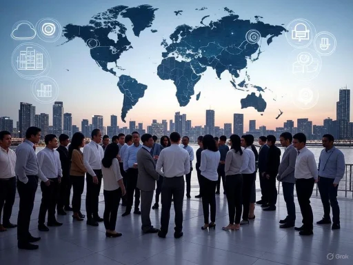 Businesspeople gathering outdoors with a digital world map and icons projected above their meeting.