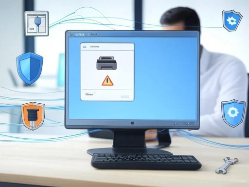 A computer screen displays a printer error warning amid cybersecurity icons, with a person in the background.