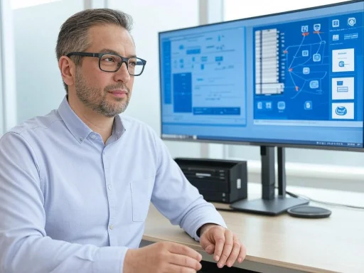 A man wearing glasses works on data analysis with dual computer screens displaying charts and diagrams. A man wearing glasses works on data analysis with dual computer screens displaying charts and diagrams.