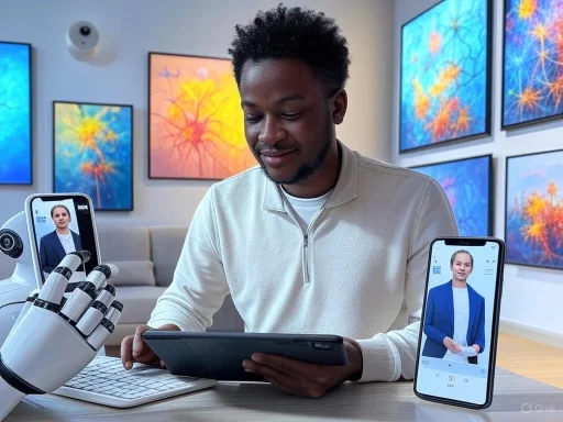 A person sketches a woman on a tablet surrounded by AI robot and smartphone, with colorful digital art in the background.