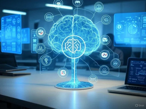 A holographic brain model with digital icons representing AI and data analysis in a futuristic tech environment. A holographic brain model with digital icons representing AI and data analysis in a futuristic tech environment.