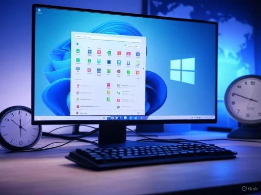 A computer monitor displaying Windows 11 interface, flanked by two clocks, on a desk in a dimly lit room.
