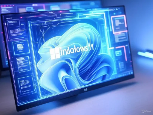 A computer screen displaying the Windows 11 logo with futuristic digital interface elements. A computer screen displaying the Windows 11 logo with futuristic digital interface elements.