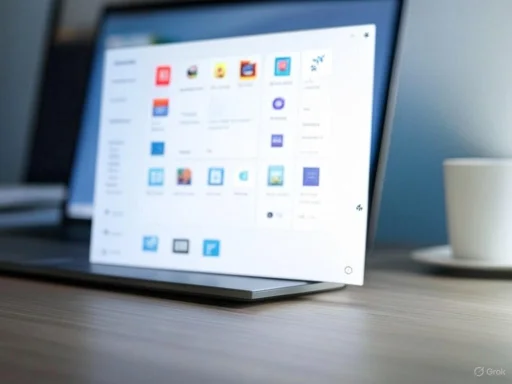A laptop displaying a colorful app menu on a desk next to a coffee cup. A laptop displaying a colorful app menu on a desk next to a coffee cup.