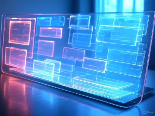 A futuristic, transparent digital display screen showing holographic interface layouts in neon colors.