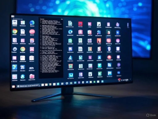 A computer monitor displaying a cluttered desktop with various app icons and a text window, in front of a blue, digital background.