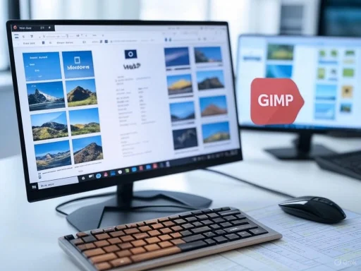 Two computer monitors display photo editing software, with GIMP logo visible on the right screen. Two computer monitors display photo editing software, with GIMP logo visible on the right screen.