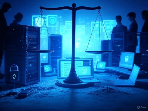 A digital illustration of a balance scale over a table with multiple computers, symbolizing cybersecurity or data protection.