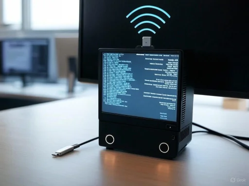 A small computer displays code, connected to a monitor with Wi-Fi signal icon, suggesting wireless hacking or cybersecurity activity.