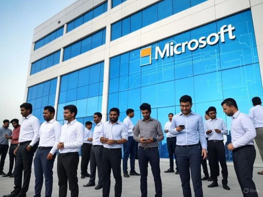 Group of people in business attire standing outside a Microsoft building.