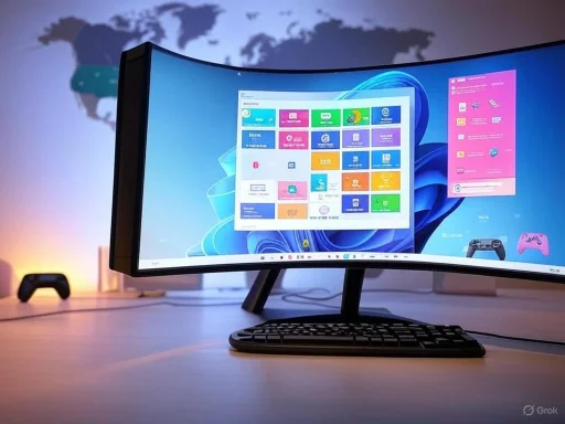 A dual-curved monitor displaying a colorful desktop setup with a world map projection in the background.