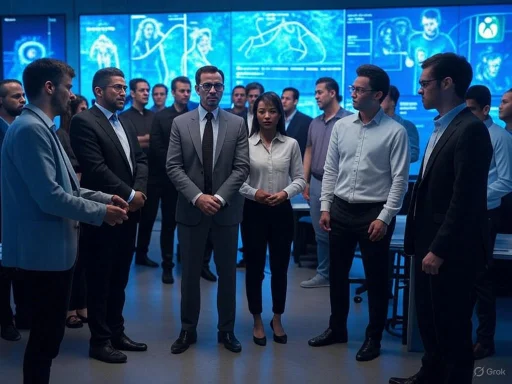 A diverse group of professionals in a high-tech office discuss a project, with digital screens displaying medical visuals in the background. A diverse group of professionals in a high-tech office discuss a project, with digital screens displaying medical visuals in the background.