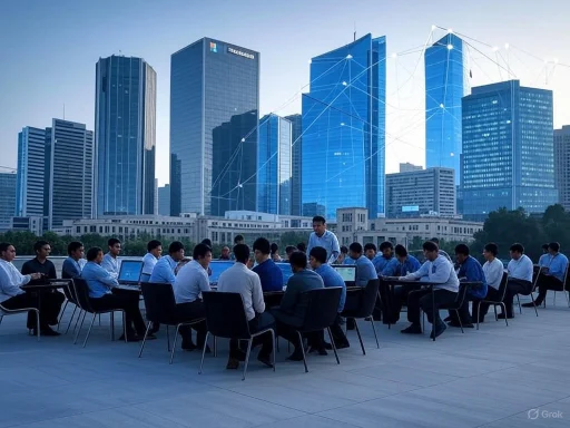 A group of professionals in a meeting outdoors against a backdrop of modern skyscrapers and a digital network overlay.