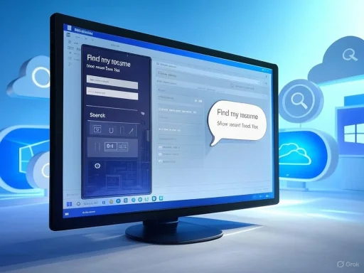 A computer monitor displays a search interface with cloud icons and digital overlays in a blue-toned digital environment.
