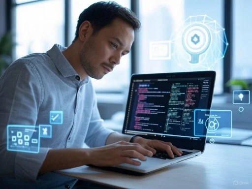 A man working on a laptop with digital coding and security icons overlayed, indicating cybersecurity or software development.