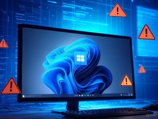 A computer monitor displays a Windows logo with multiple warning icons and blue digital data overlays suggesting a security alert or system error.