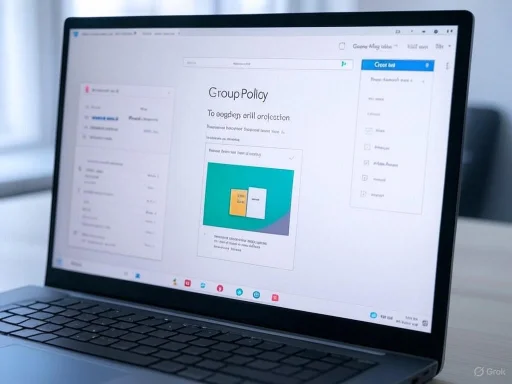 A laptop displaying a document titled 'Group Policy' with some diagrams and a list of items on the screen. A laptop displaying a document titled 'Group Policy' with some diagrams and a list of items on the screen.