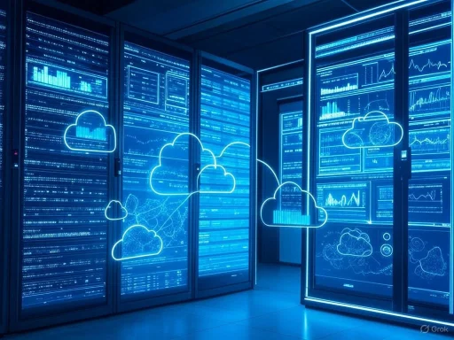 A futuristic data center with neon cloud graphics and digital dashboards displayed on server racks.