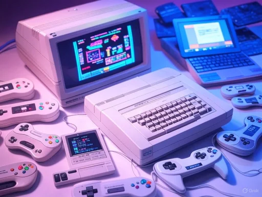 A collection of retro gaming consoles, controllers, and handheld devices with colorful neon lighting.