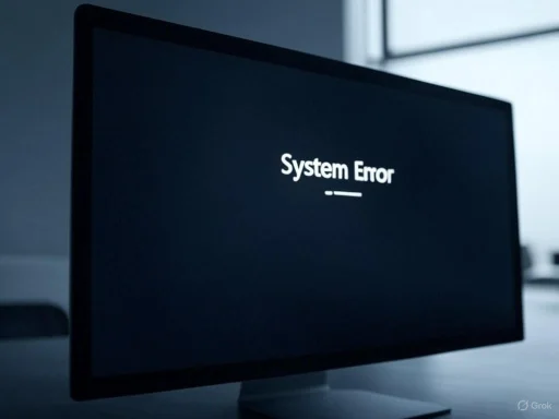 A computer monitor displays a 'System Error' message on a dark background, indicating a technical problem. A computer monitor displays a 'System Error' message on a dark background, indicating a technical problem.