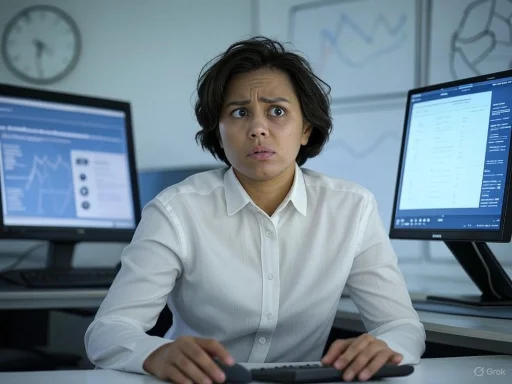 A woman looks puzzled or worried while working at her desk surrounded by computer screens displaying data and charts.