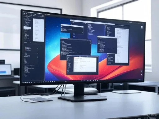 A computer monitor displaying multiple windows of code and text in a modern office setting.