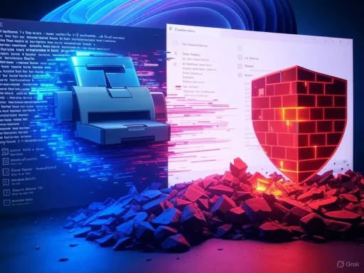 A digital illustration of cybersecurity, showing a glowing brick wall shield, rocks, a scanner, and data streams on a computer screen.