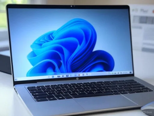 A sleek laptop displaying the Windows 11 desktop wallpaper in a bright, modern workspace.