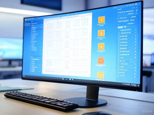 A computer monitor displaying a digital interface with folders and file management options in an office setting.
