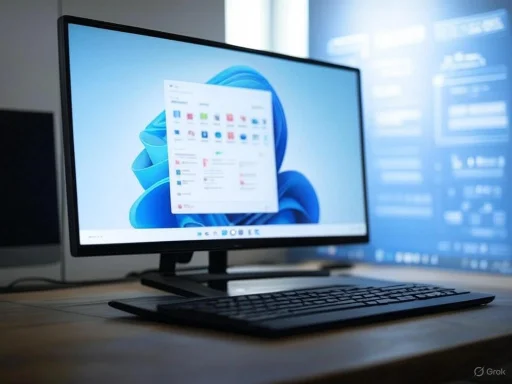A computer monitor displays the Windows 11 desktop with a menu open, accompanied by a keyboard on a wooden desk. A computer monitor displays the Windows 11 desktop with a menu open, accompanied by a keyboard on a wooden desk.