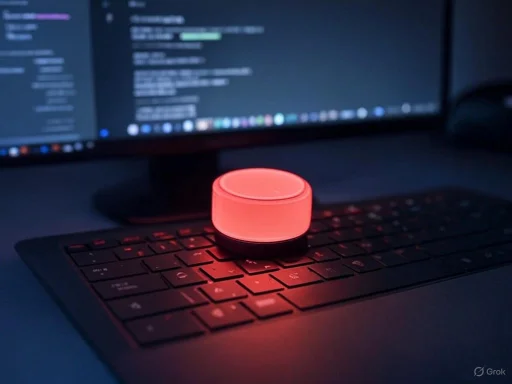 A glowing red device sits on a laptop keyboard in front of a dual monitor setup with code displayed.