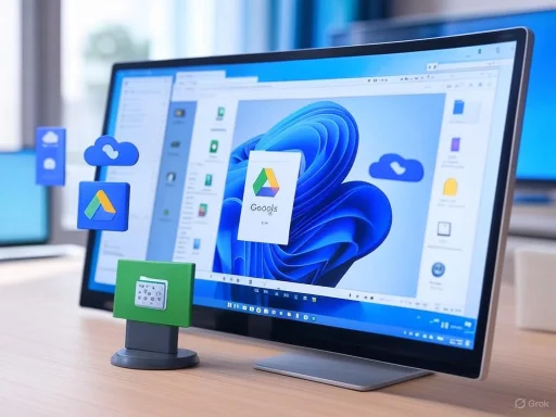 A computer monitor displays the Windows 11 desktop with floating icons for Google Drive and cloud services.