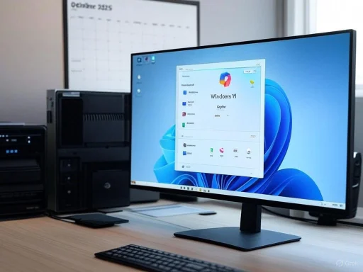 A computer workstation with a monitor displaying the Windows 11 interface, desktop icons, and a background, in an office setting.